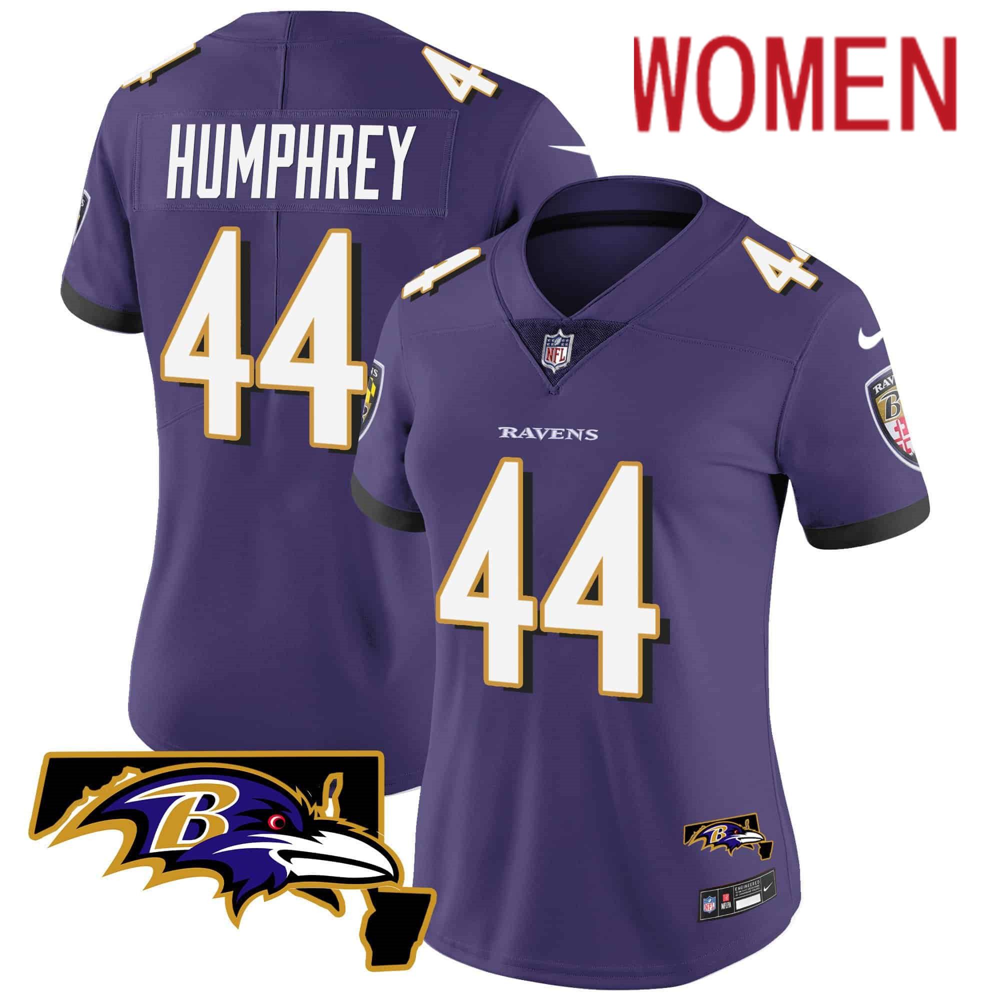 Women Baltimore Ravens #44 Humphrey Purple 2024 Nike Maryland Patch Vapor Limited NFL Jersey style 1